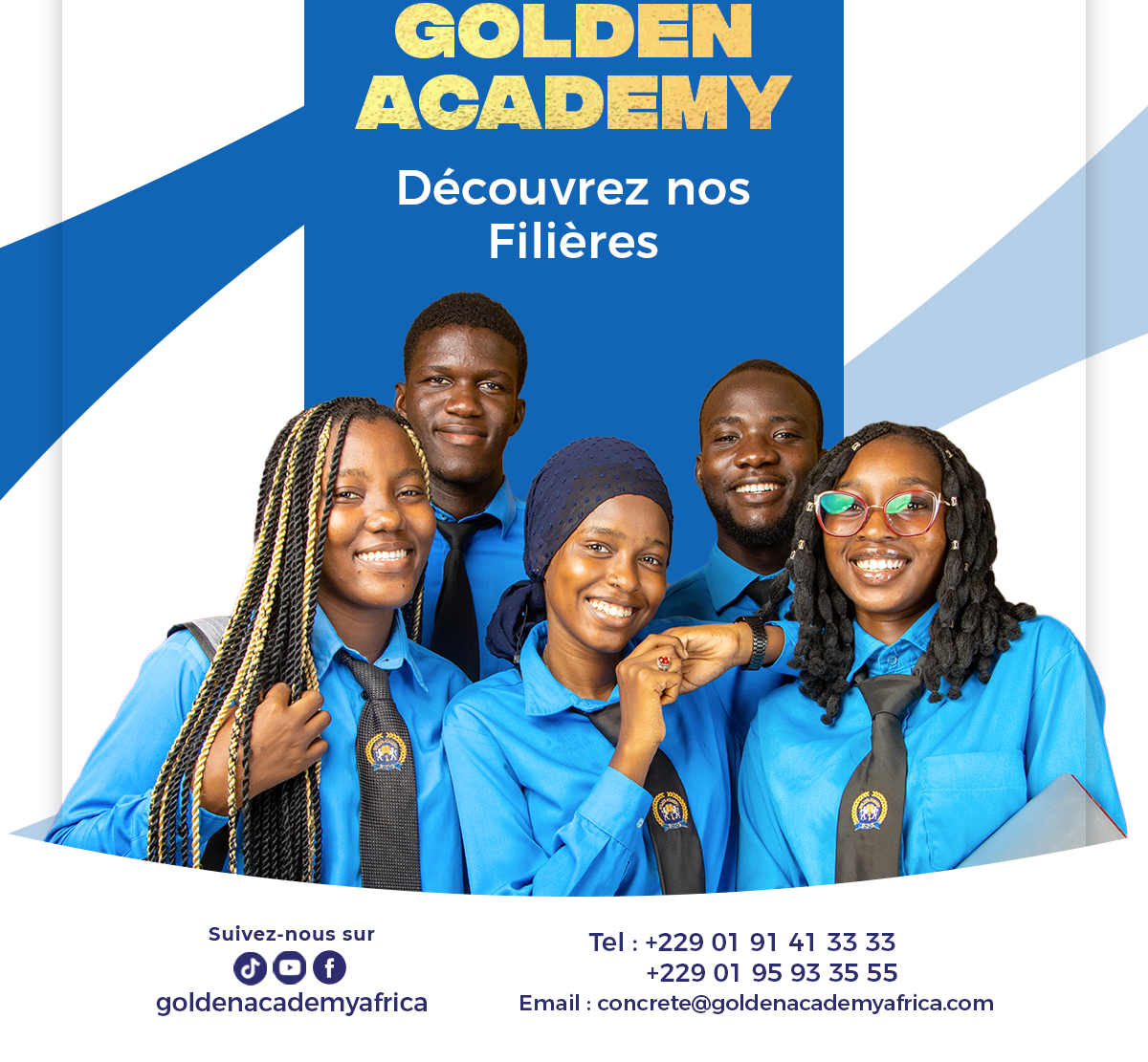 visuel graphique montrant les étudiants de GOLDEN ACADEMY, une université privée de référence au Bénin pour des études supérieures de qualité